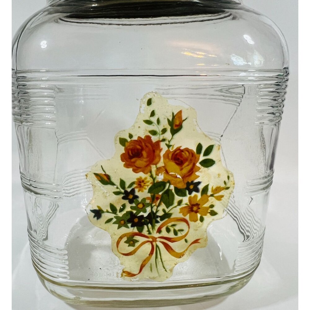Vtg‎ Square Glass Jar Canister #5223 Floral Decal Metal Lid Pink roses ribbon